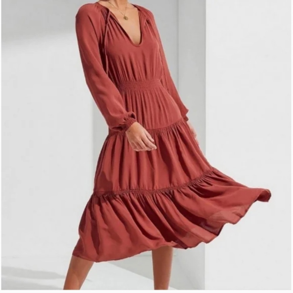 NWT Urban Outfitters Terra Cotta Reese Long Sleeve Smocked Tiered Midi Dress